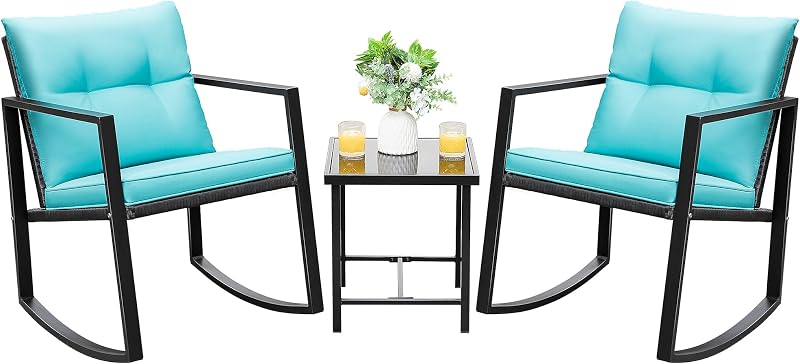 Devoko Juego de muebles de patio de 3 piezas, mecedora de mimbre para exteriores, azul | Juegos de conversación de patio de ratán PE, juegos de bistró de 2 con mesa de centro de vidrio para porche, balcón, jardín, junto a la pileta