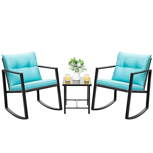 Devoko 3 Piece Rocking Bistro Set Wicker Patio Outdoor Furniture