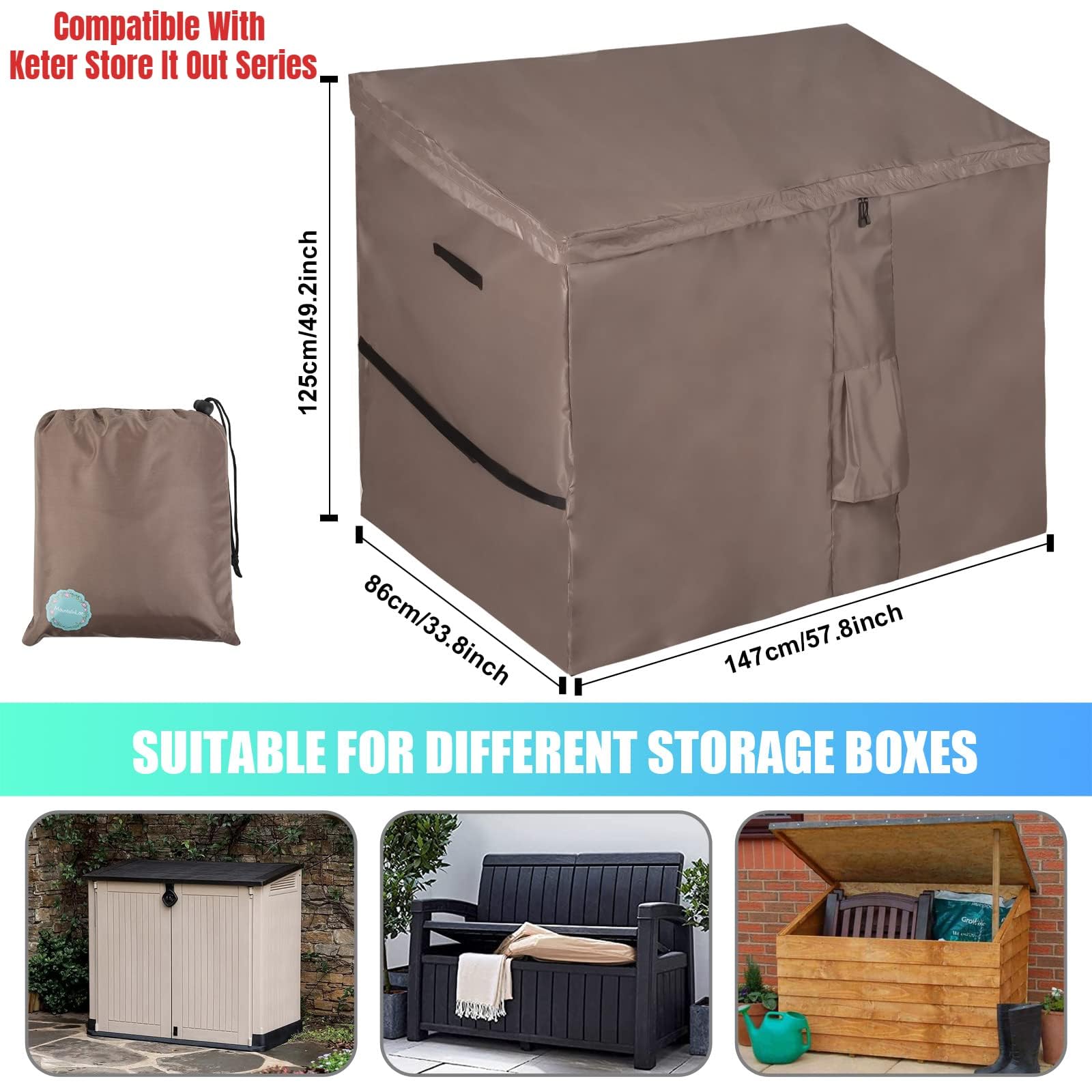 Housse Imperméable pour Abri de Jardin, Bâche de Coffre de Rangement Extérieur avec Dessus à Ouverture Facile, Pour la Série Store It Out, 420D Oxford Brun (147*86*125cm)