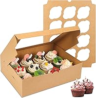 Vista 9 de Moretoes 34 juegos de cajas para cupcakes, capacidad para 12 cupcakes cada una, recipientes marrones con ventana e insertos, 13 x 10 x 3.5 pulgadas