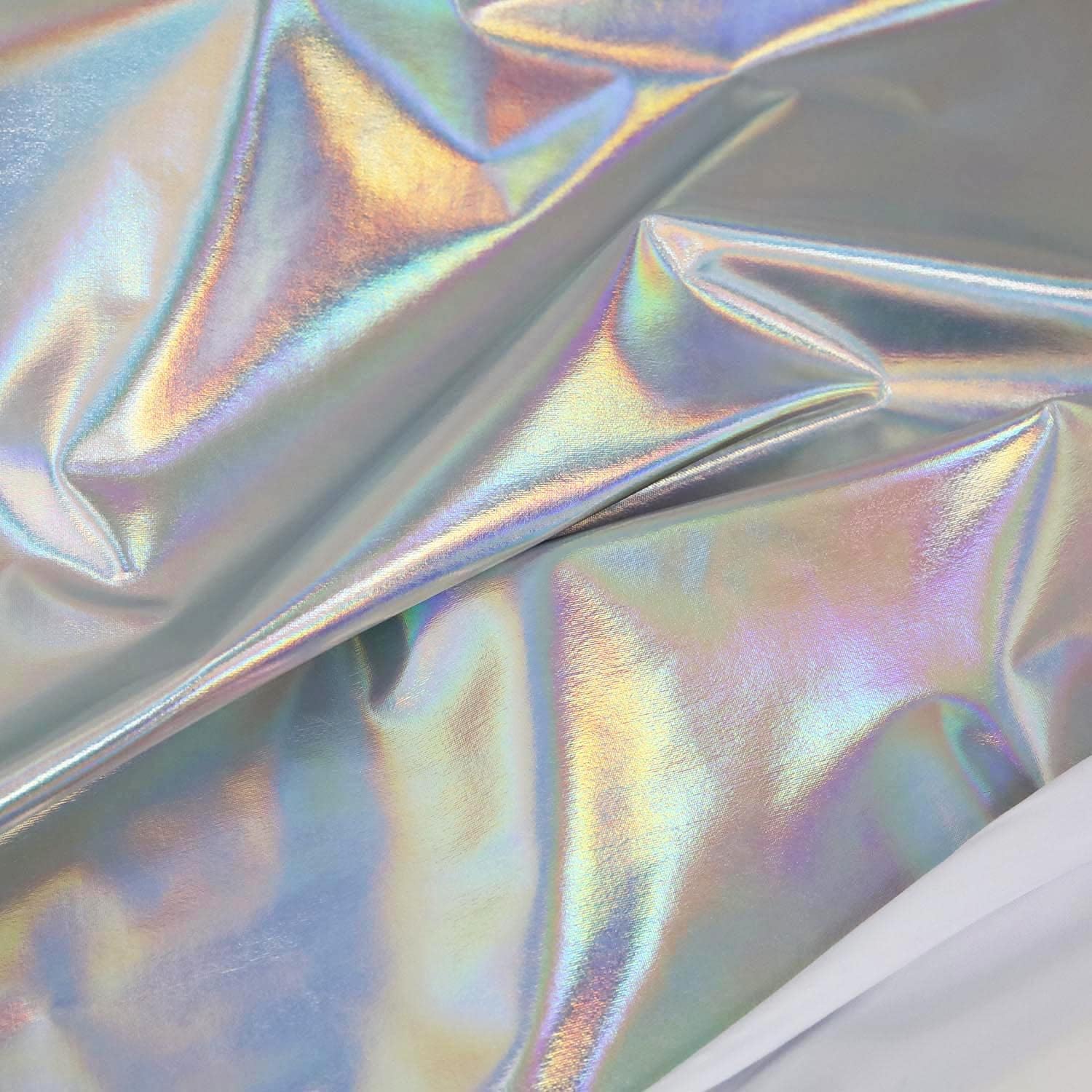 AnnyCraft Metallic Foil Stretch Fabric Hologram Spandex, for Sewing Dancewear Costumes, 58 Inch Wide, 1 Yard - Iridescent Silver