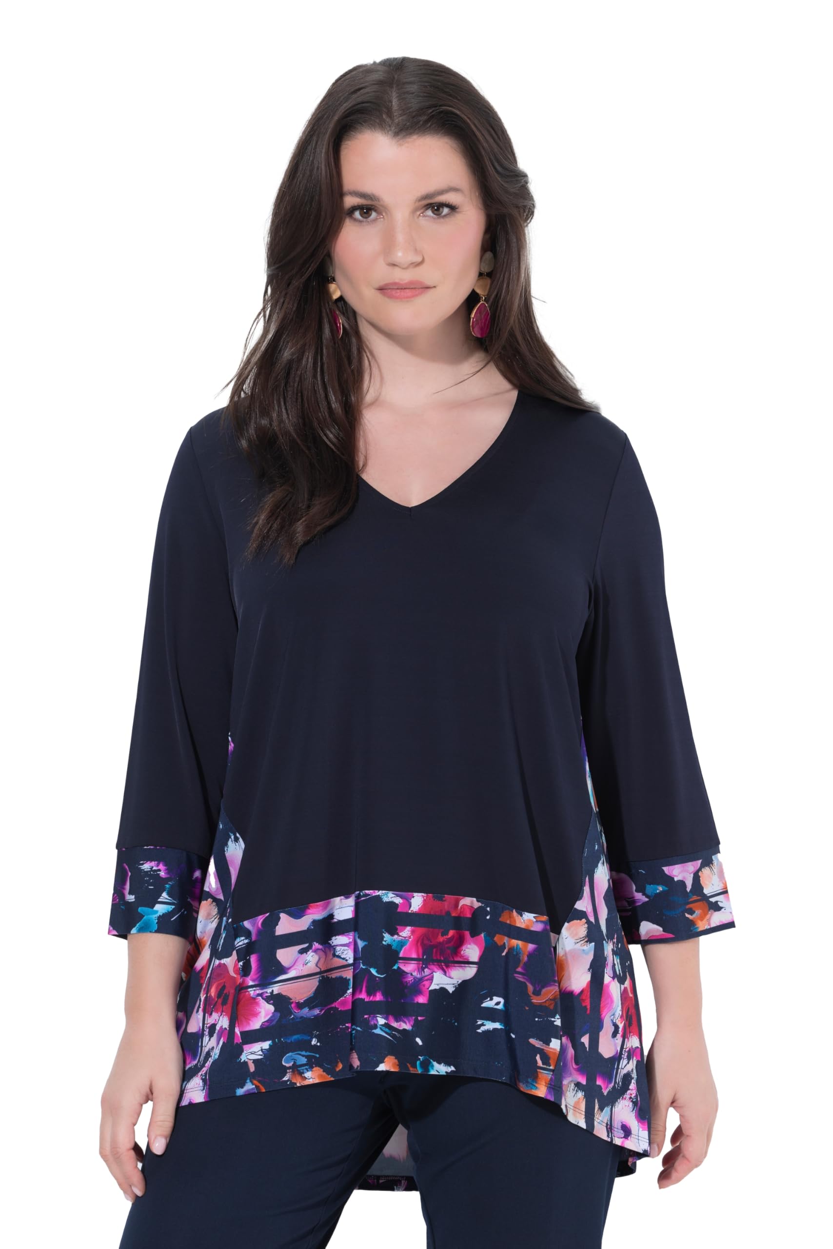 Ulla Popken Damen große Größen Übergrößen Plus Size Slinky-Shirt, Patchlook, A-Linie, V-Ausschnitt, 3/4-Arm 845606