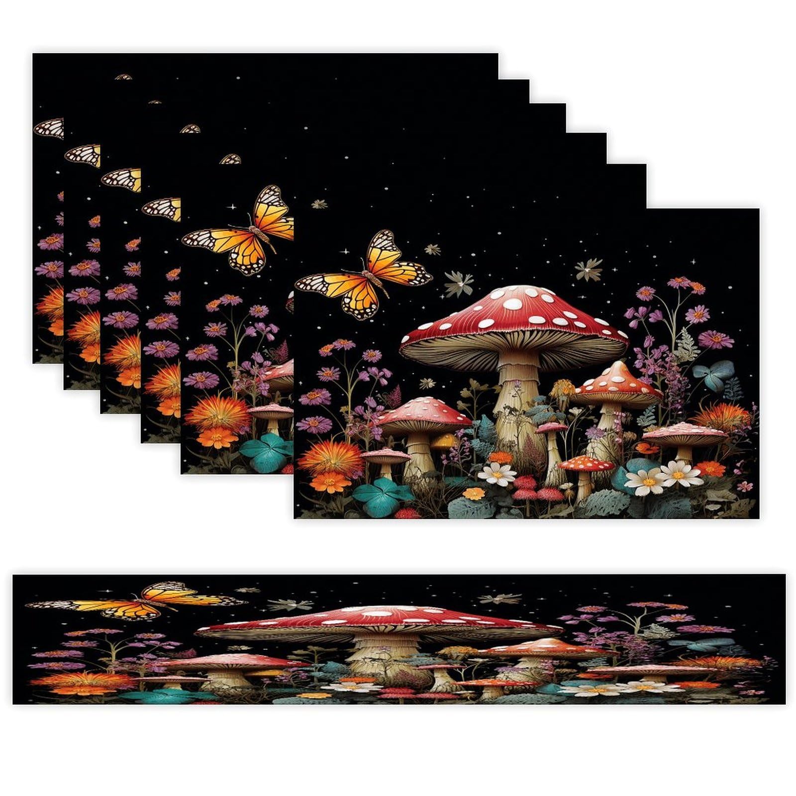 Mushrooms and Butterflies on Black Background Table Runner and Placemats Set of 6 Stain Resistant Heat Resistant Place Mats for Kitchen Dining Table Mats Long Table Runner Modern Art Dining Decor for