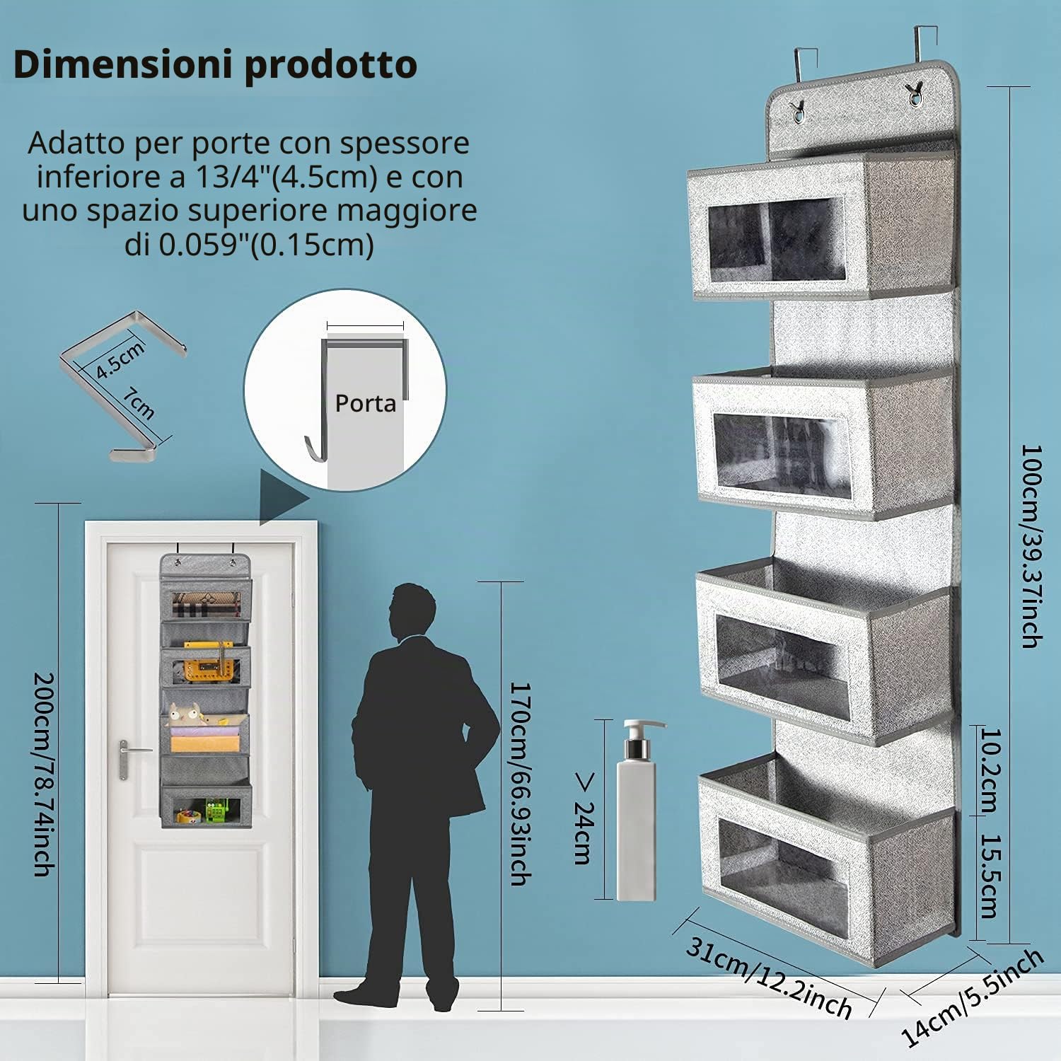 BrilliantJo Portaoggetti da Appendere con 4 Tasche in Tessuto, Organizzatore da Porta con grande finestra trasparente, Organizer Armadio Porta Oggetti da Appendere, Grigio-bianca