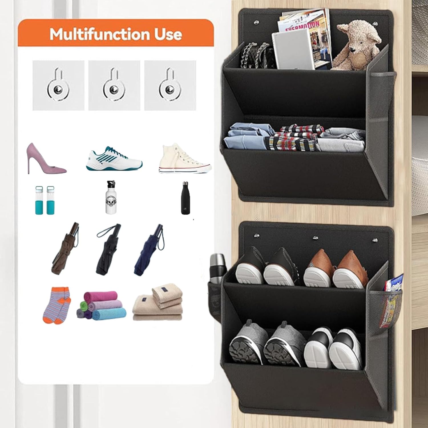 2 Pcs RV Shoe Storage, Wall Mounted Camper Accessories Organizer | Hanging Rack with Deep Pockets and Side Mesh, Sticky Adhesive Tape Saves Space, Perfect for Clothes and Footwear (Black)