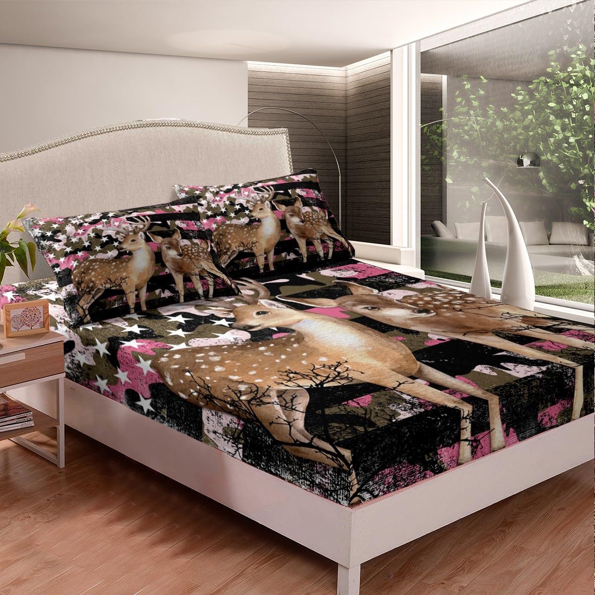 Sika Deer Fitted Sheet Queen Spotted Deer American Flag Bed Sheets,Pink Camouflage USA National Flag Sheets Vintage Camo Stars and Stripes Bed Set,Farmhouse Reindeer Rustic Home Decor