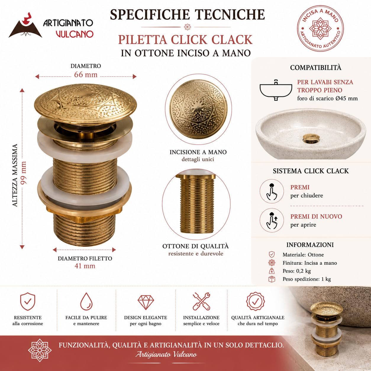 Piletta Click Clack Ottone Inciso a Mano Ø45 mm