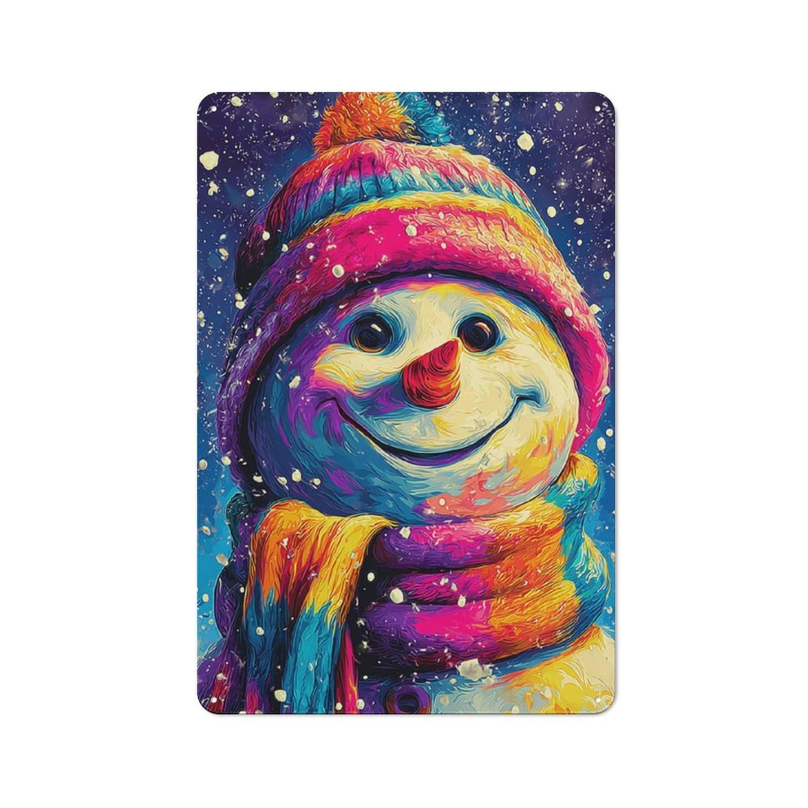 Junmoney Colorful Snowman In Winter Night Retro Tin Wall Plaque 30X20cm For Garage Or Workshop, A Metal Wall Feature For Garages And Tool Rooms