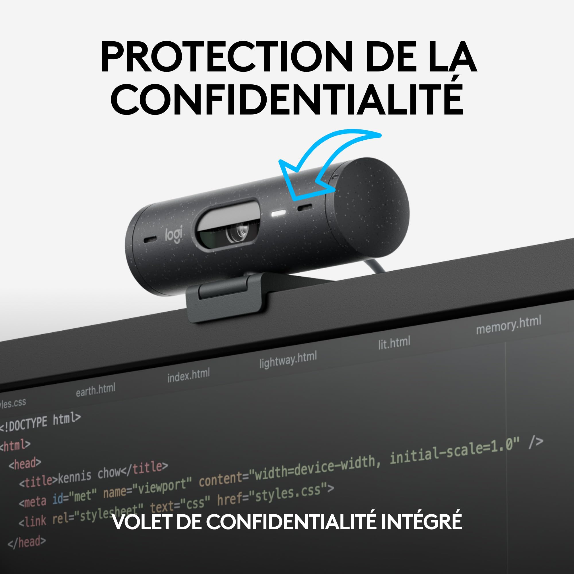 Logitech Brio 505 Webcam Full HD, Correction Automatique de l'éclairage, Cadrage Automatique, 2 micros Anti-Bruit, Volet de confidentialité - Gris