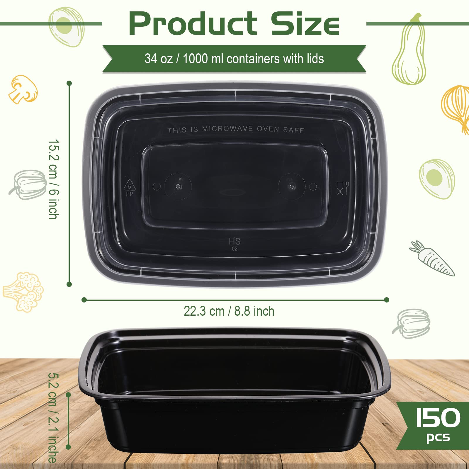 150 Pack Meal Prep Containers 34 oz Disposable Food Storage Containers with Lids Take out Containers BPA Free Plastic Lunch Boxes Reusable Bento Box Microwave Dishwasher Freezer Safe (1 Compartment)