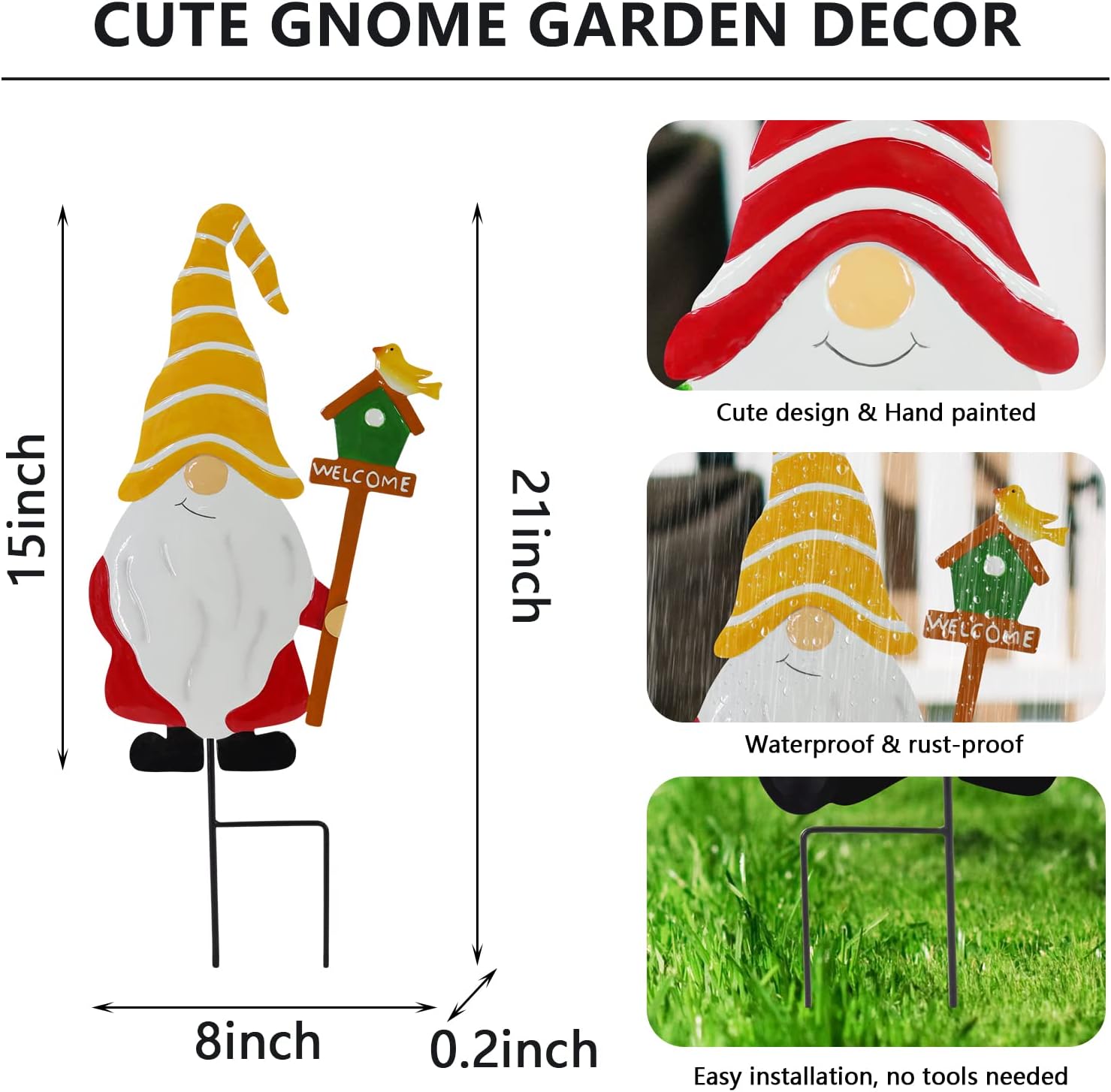 Gnome Garden Decor, Metal Gnomes Decorative Garden Stakes, Garden Decorations for Outside Yard Lawn, Outdoor Porch Patio Metal Gnome Fence Wall Decor(21 inch Set of 3)