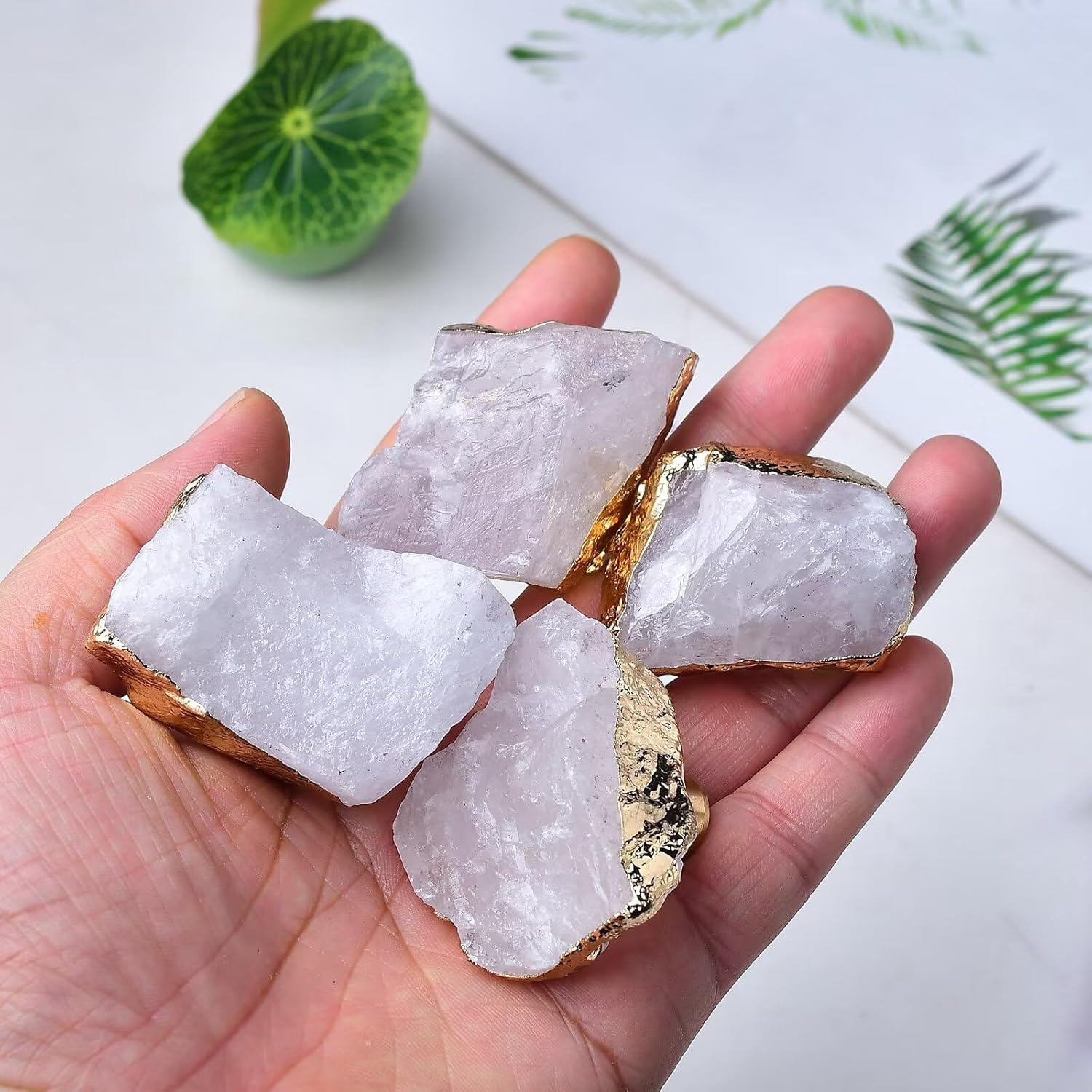 White Crystal Stone Cabinet Knobs Geode Drawer Knobs Handles Decorative Gold Plated Gemstone Cupboard Pulls for Home Office Decor 4 Pack