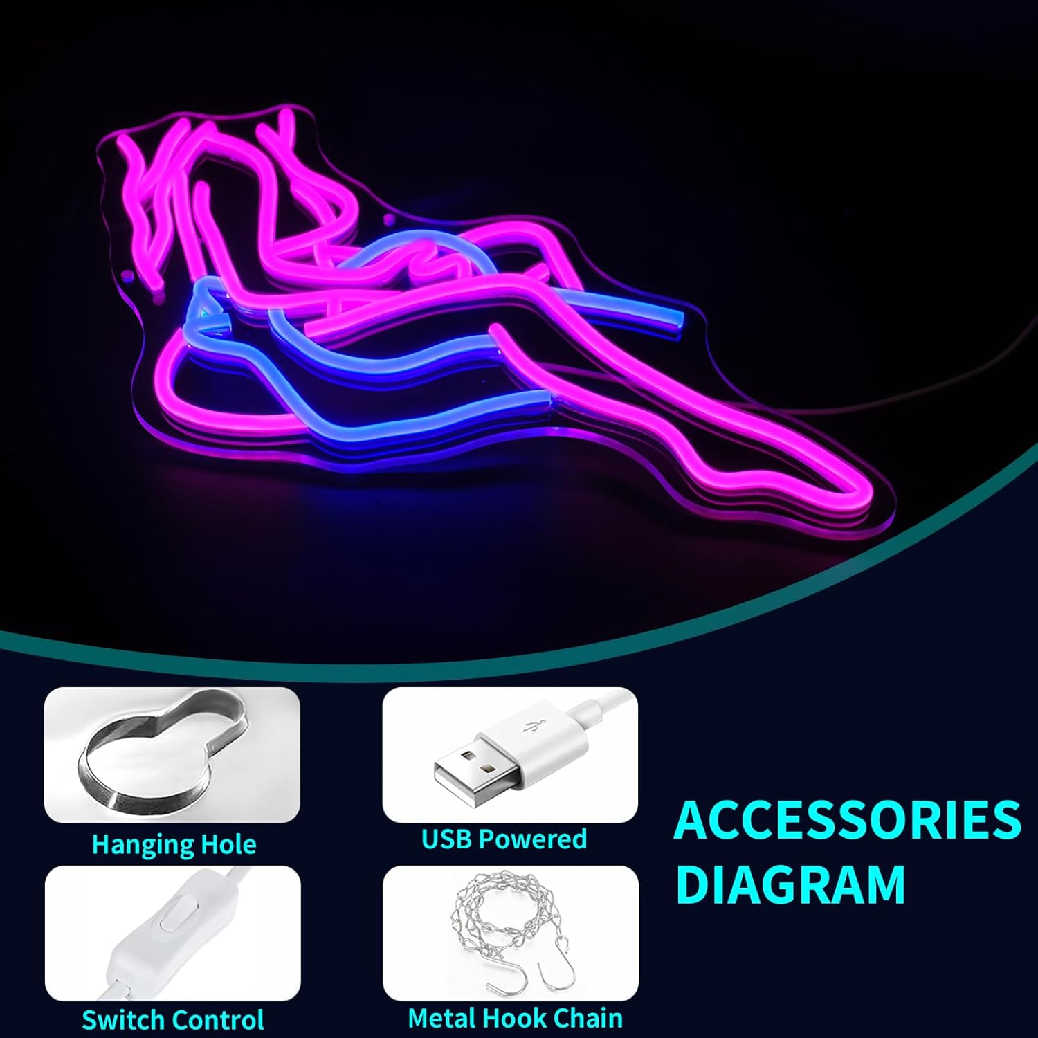 Lady Neon Sign, JGHTURIE Neon Signs for Wall Decor, Pink & Blue Light Up Signs for Room Decor Bar Led Sign for Man Cave, Party, Office, Art Decoration, USB Powered - Image 3