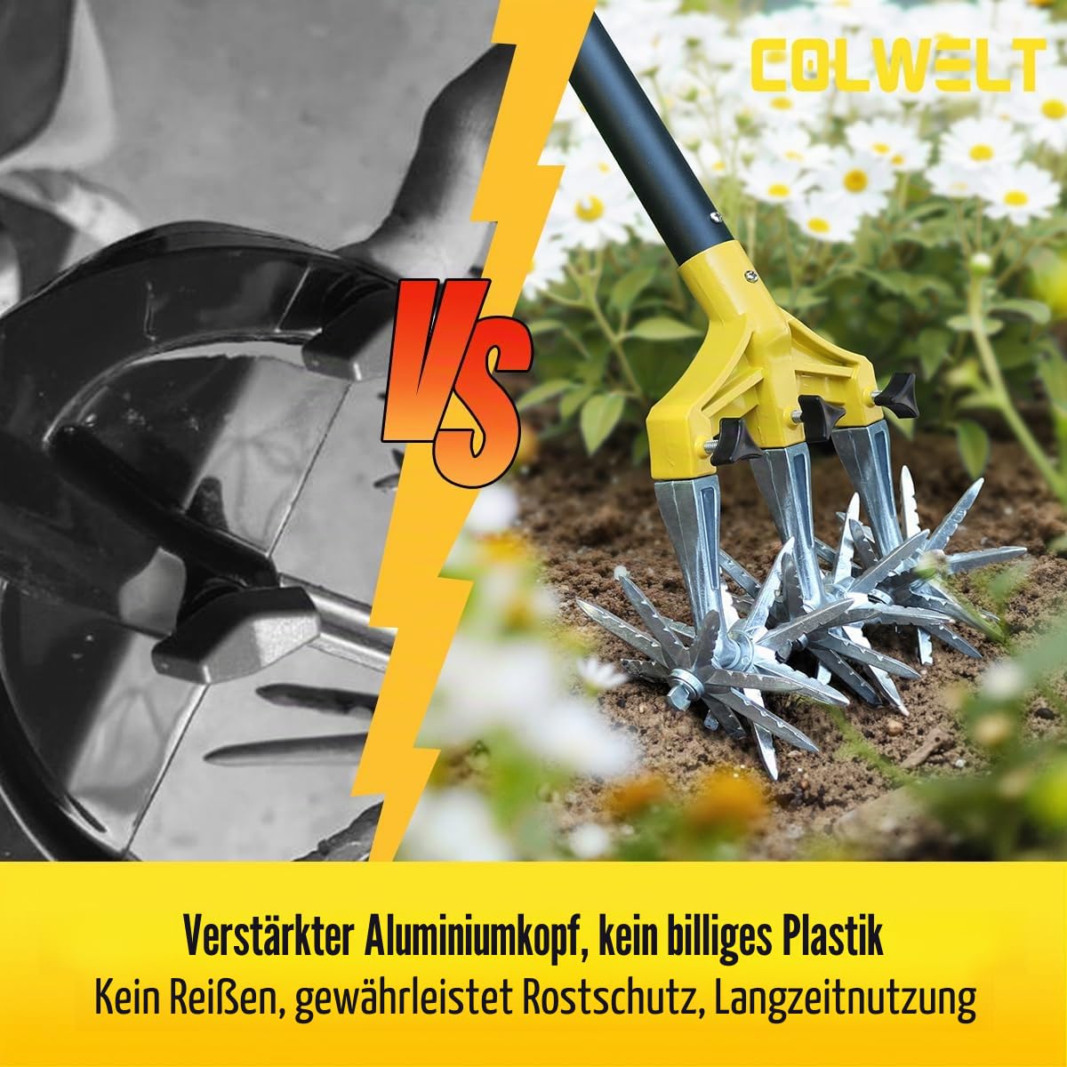 Colwelt Drehbarer Kultivator, Gartenwerkzeug, 154 cm, Handfräse, Gartenwerkzeug mit abnehmbaren Aluminiumzinken, Grubber für Gartenerde oder Nachsaat von Gras, manuelle Kultivatoren und Fräsen für