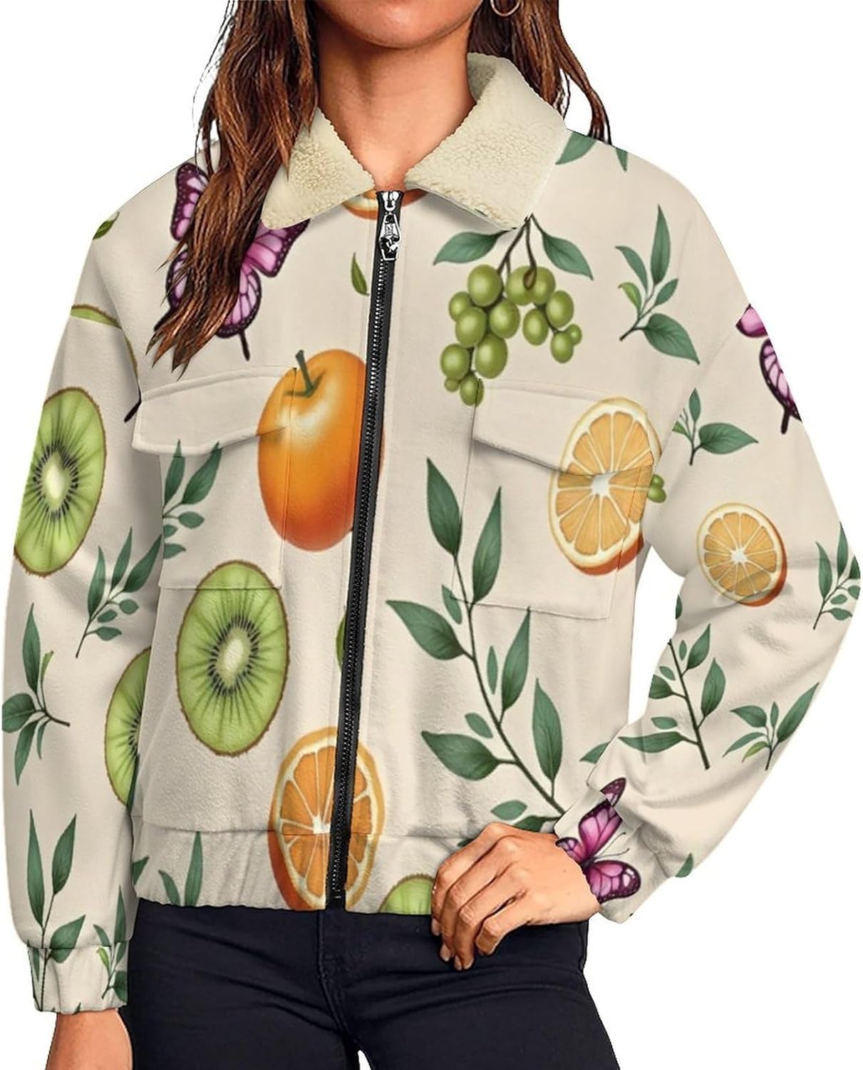 Women Winter Sherpa Lined Fleece Jacket, Long Sleeve Zip Up Fruits leaves Cropped Coats Warm Soft Polar Outwear