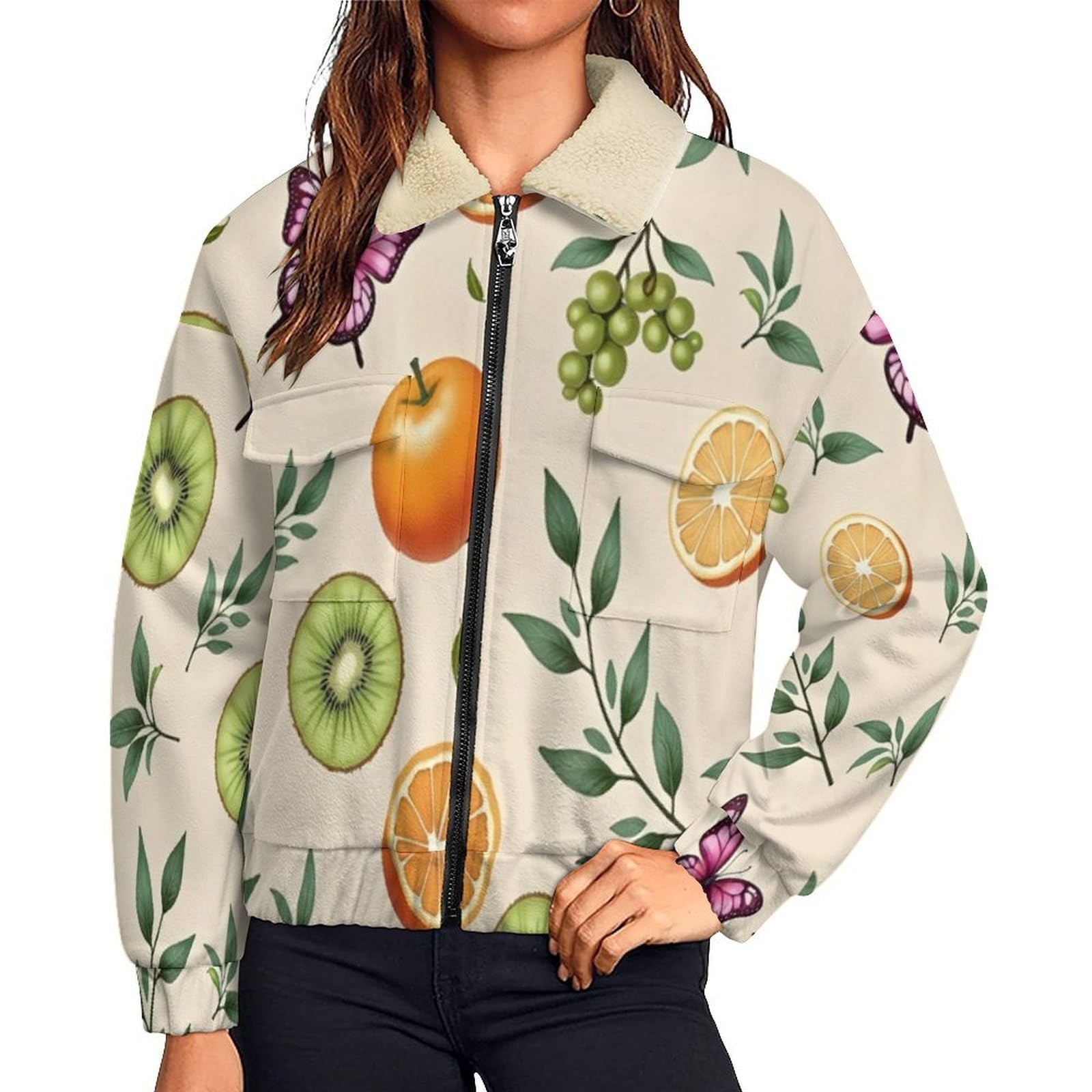 Giacca da Donna Pile con Zip, Giacche Giacca Foglie frutta Teddy Versione, Loose del Arte delle piante Cappotto a Maniche Lunghe Autunno e Inverno Caldo Cappotto