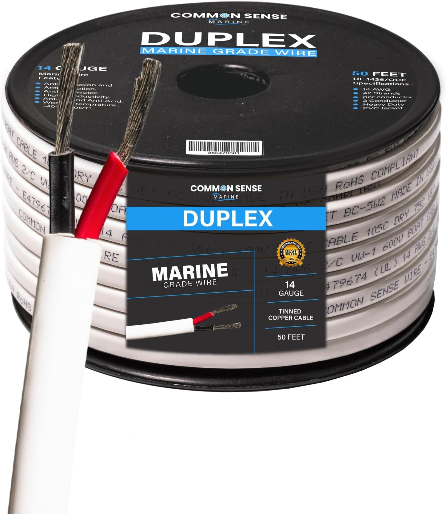 14 Gauge 2 Conductor Marine Wire - 50 ft Duplex Flat Marine Grade Wire Tinned Copper Oxygen-Free Insulated - 14/2 AWG UL 1426 Standard PVC Wire for Boat, Automotive, Speakers, Camper & Trailers