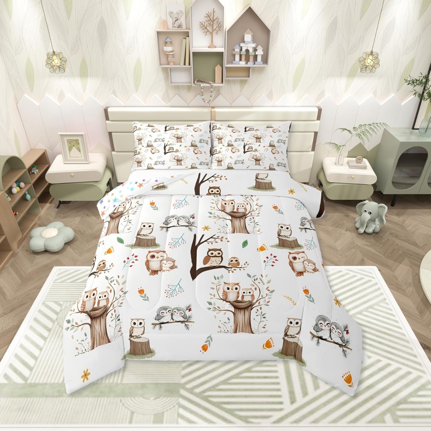 Erosebridal Cartoon Animals Kids Comforter Set Full Size Kawaii Owl Bedding Set for Boys Girls Nursery Child Owl Family Birds Comforter Vintage Botanical Tree Owls Quilt,2 Pillowcases