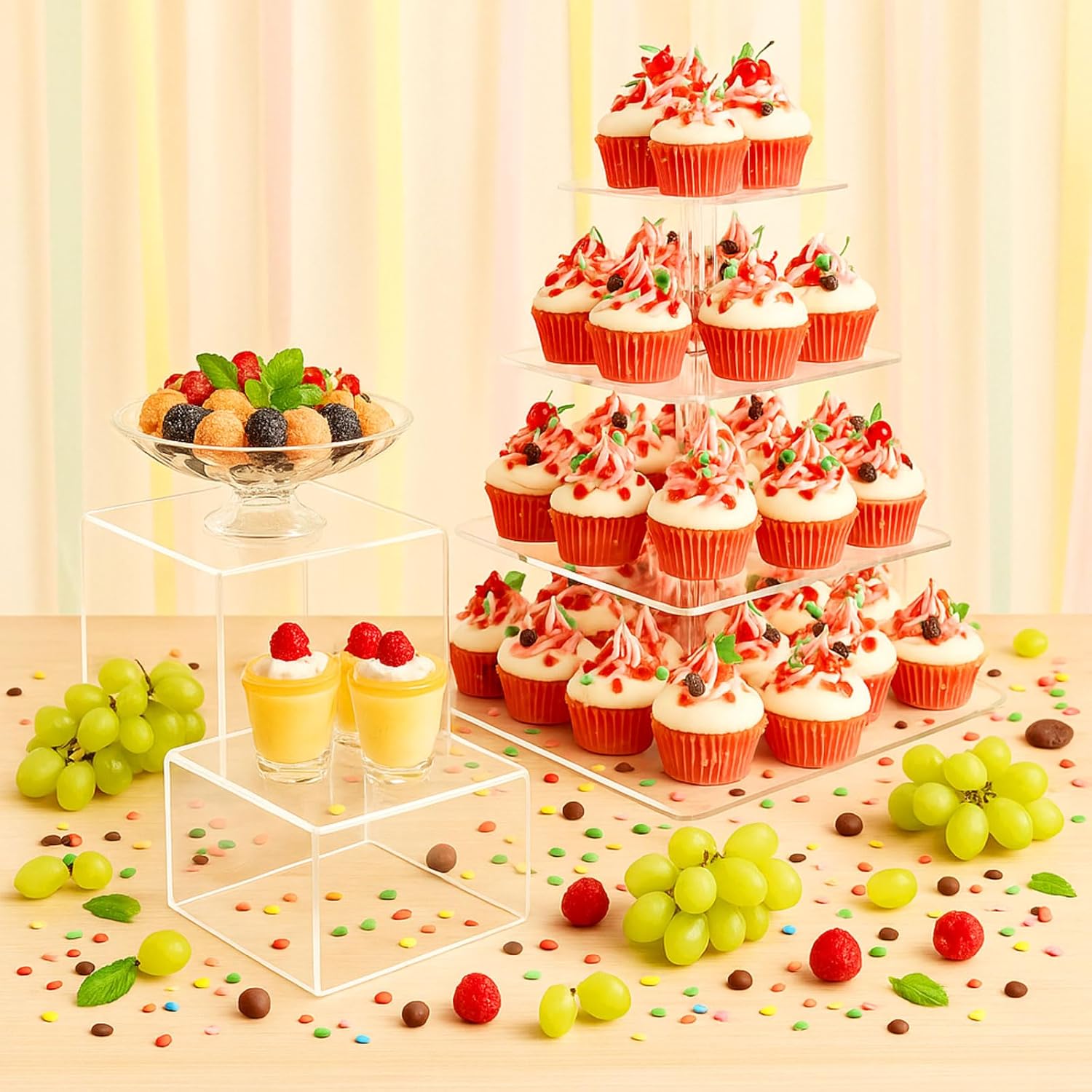 Ripeng 11 Pack Dessert Table Display Set Risers Display Stands, 3 Pcs Buffet Risers, 4 Tier Dessert Stands, 2 Serving Trays, 3 Mini Signs and 2 Serving Tongs for Christmas Birthday Party