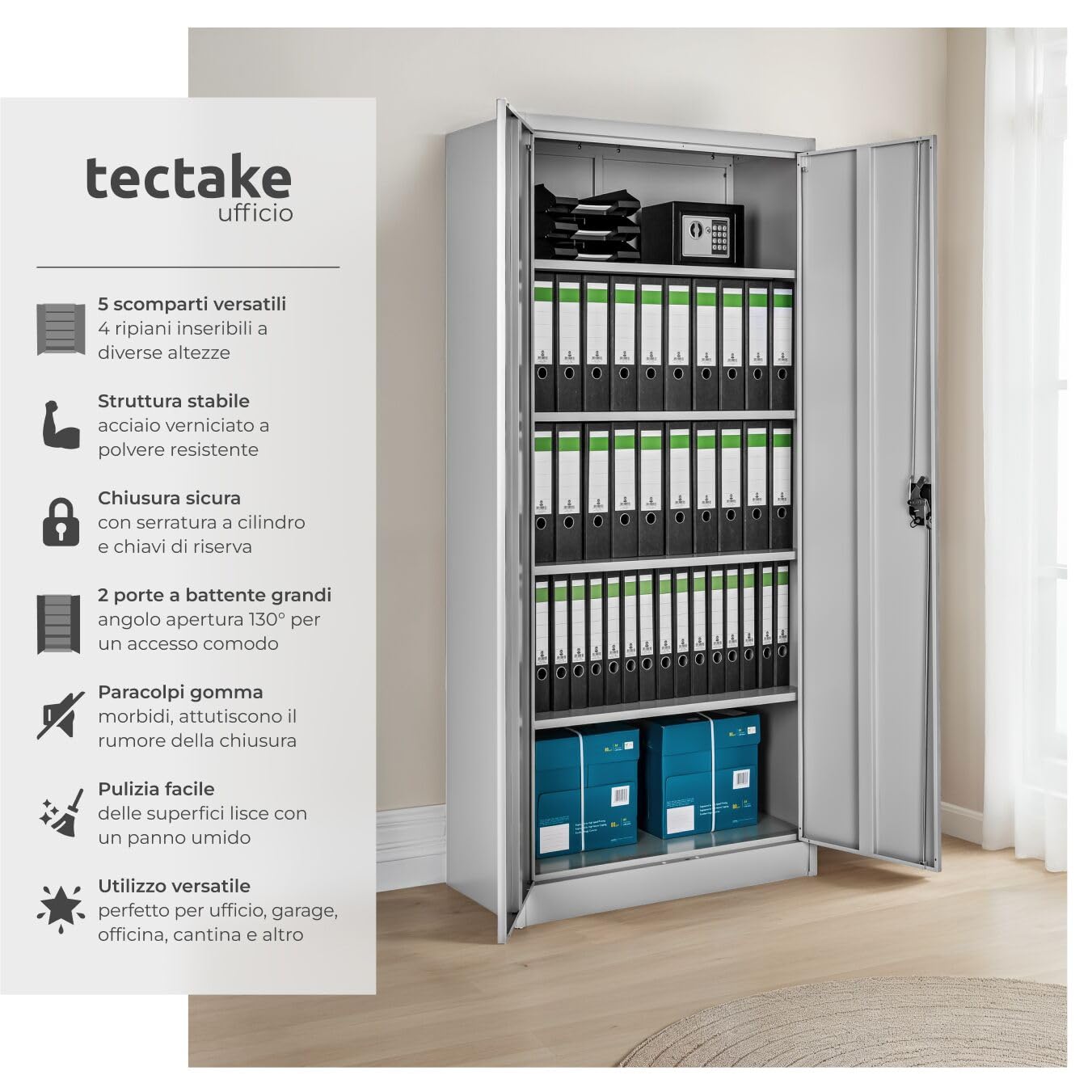 tectake® Armadio Porte Battenti, 180x80x40 cm, con 2 Ante e 5 Ripiani, Mobile con Serratura Chiave, Armadietto Portadocumenti e Faldoni per Ufficio in Metallo, Mobili Ufficio, Archivio - Grigio