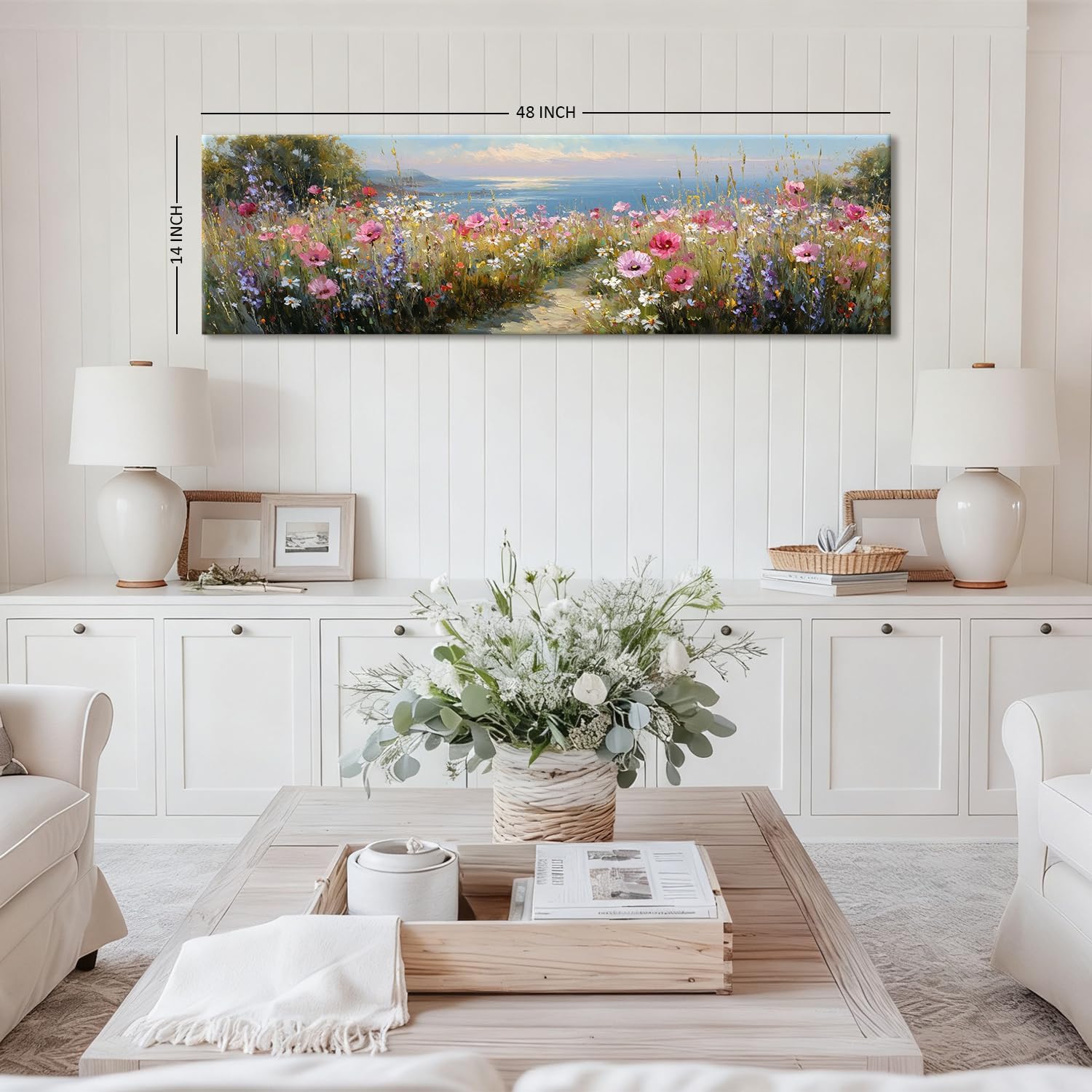 Coastal Wildflower Wall Art Abstract Beach Landscape Picture Bathroom Wall Decor Colorful Daisy Flower Scenery Canvas Print Nautical Ocean Seaside Meadow Painting Artwork Living Room Decoration 14x48”