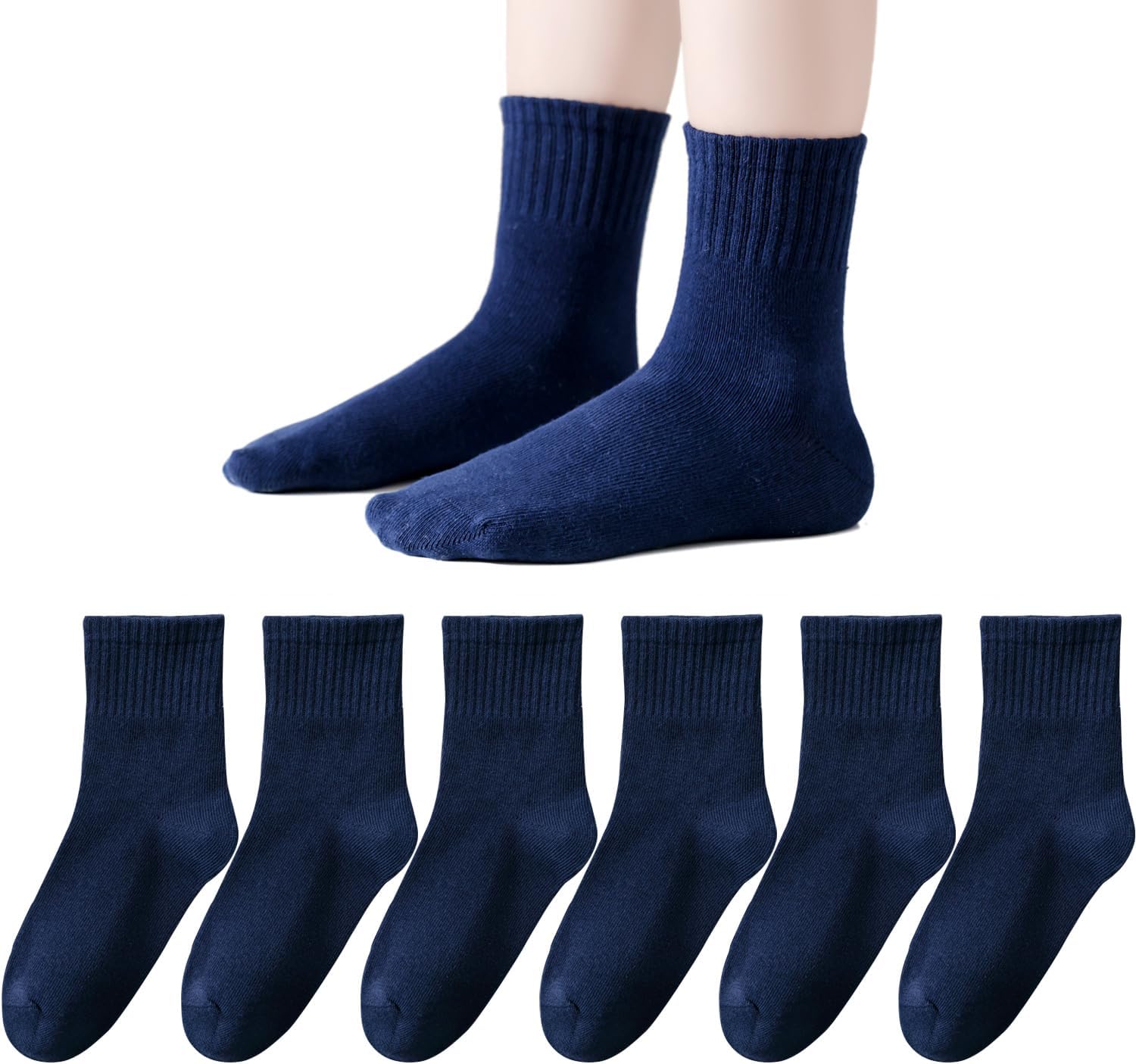 EPEIUS Unisex Kids Crew Socks Soft Cotton Seamless School Socks for Girls Boys Dress Sox White Black Navy 4/6/8 Pairs