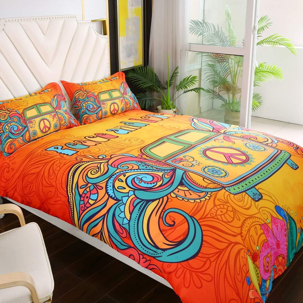 Crеаtіvе Prоduсt Suncloris,Hippie Psychedelic Camper Van Peace Sign,Bedding Boys Girls Watercolor Colorful Art Duvet Cover Set,Included:1 * Duvet Cover,2 * Pillowcase(no Comforter Inside) (Queen)