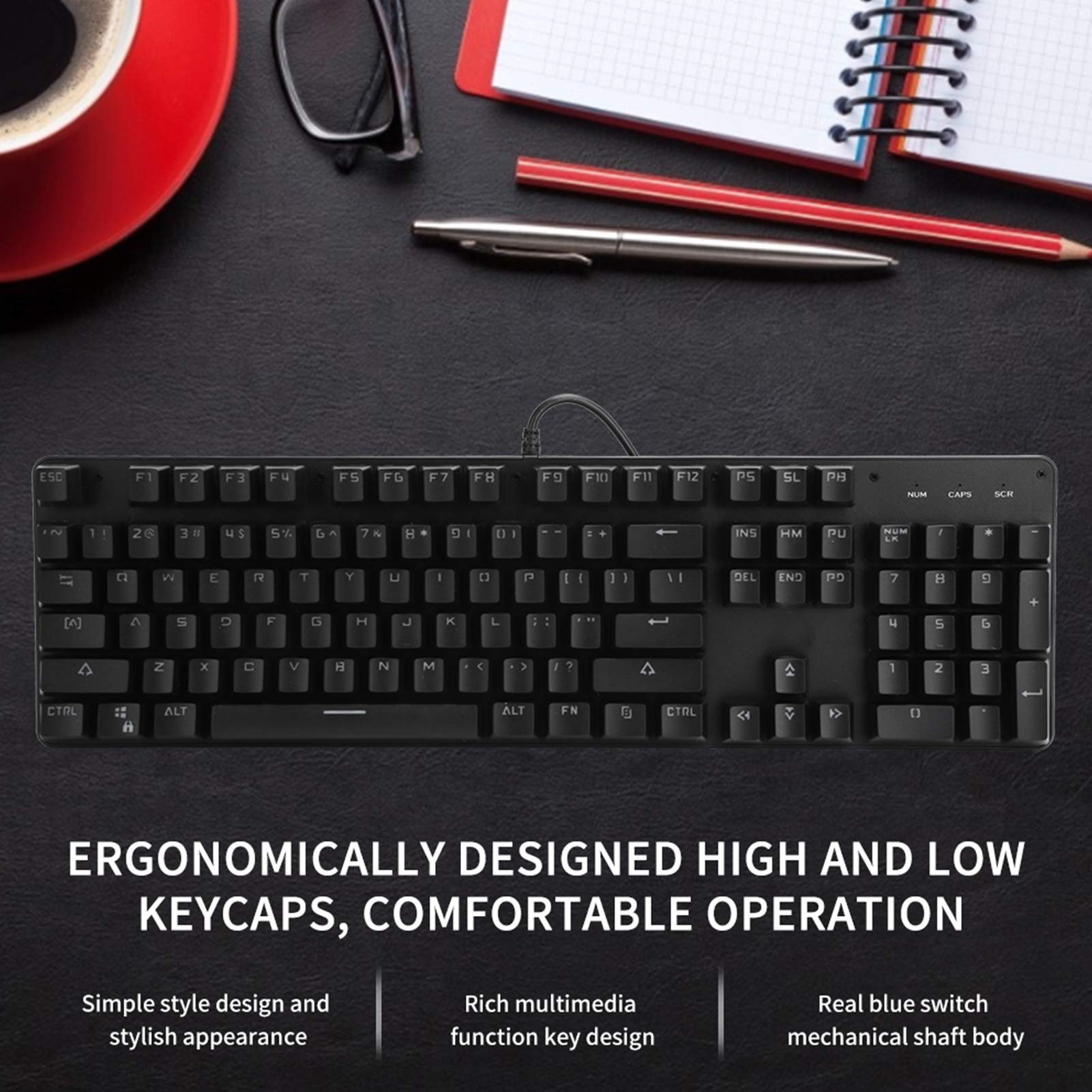 VBESTLIFE Teclado mecánico para Juegos con Interruptor Azul, Teclado E-Sport con retroiluminación RGB de 104 Teclas para Escritorio/portátil(Negro)