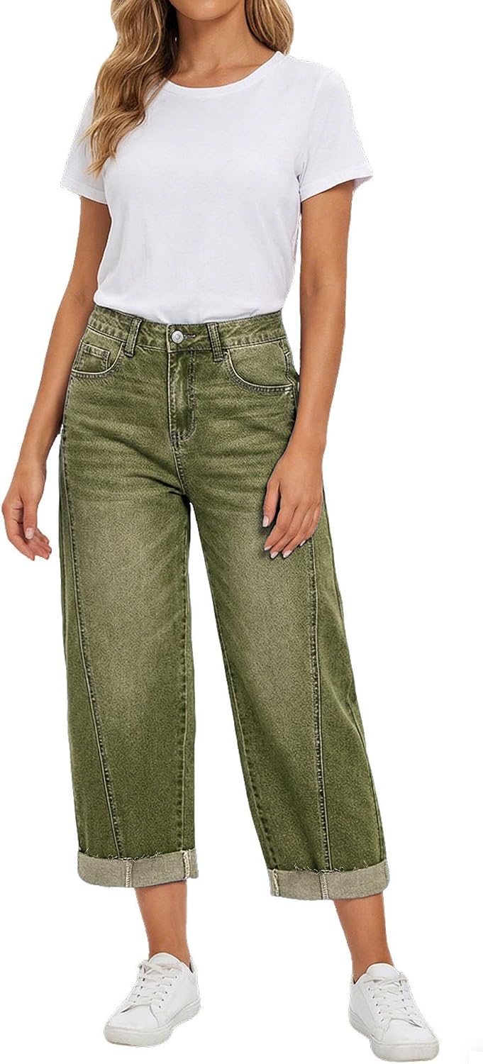 loveimgs Women Barrel Jeans Baggy Wide Leg Jeans High Waisted Boyfriend Roll Cropped Denim Pants Ankle Patchwork Sweatpants