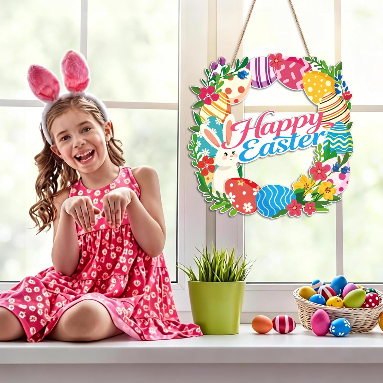 Wooden Easter Decoration Door Wreath, 12" Easter Wreaths for Front Door Wall Signs Rabbit Spring Hanging Ornaments, Spring Holiday Door Wall Home Garden Tree Decor - Image 7