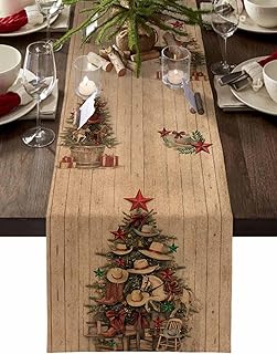 Christmas Table Runners Western Texas Star Kitchen Dining Table Decoration Cowboy Hat Boots Christmas Tree Dinner Runner for Kitchen Parties Wedding Decor 13x48 Inch