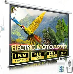 Aoxun Motorized Projector Screen Pull Down with Remote Control 100 inch Electric 16:9 Projection Screen,Video Projection Screens-White
