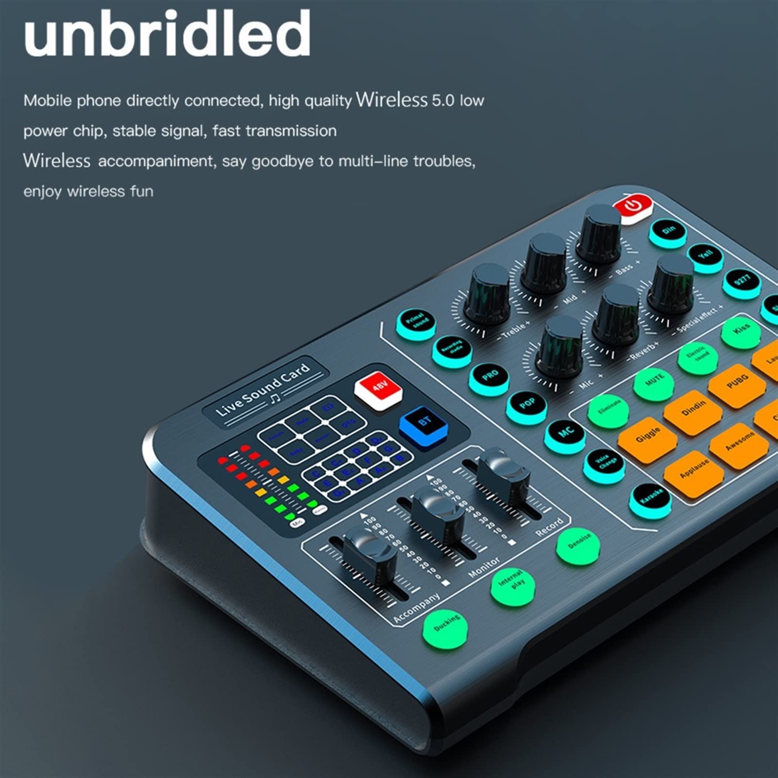 Mezclador de Audio Profesional, Tarjeta de Sonido en Vivo con LED de Metal, Mezclador Externo inalámbrico Compatible con Bluetooth para transmisión en Vivo