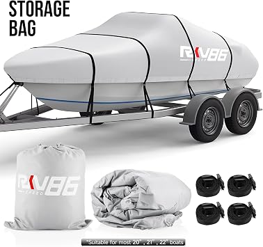 Trailerable Boat Cover, 20'- 22' Heavy Duty 600D Waterproof Tarp Covers with Storage Bag, Marine Grade Polyester Canvas, Fits 20-22ft Bass Boat, V-Hull, Tri-Hull, Runabout Bowrider Boat (Silver)