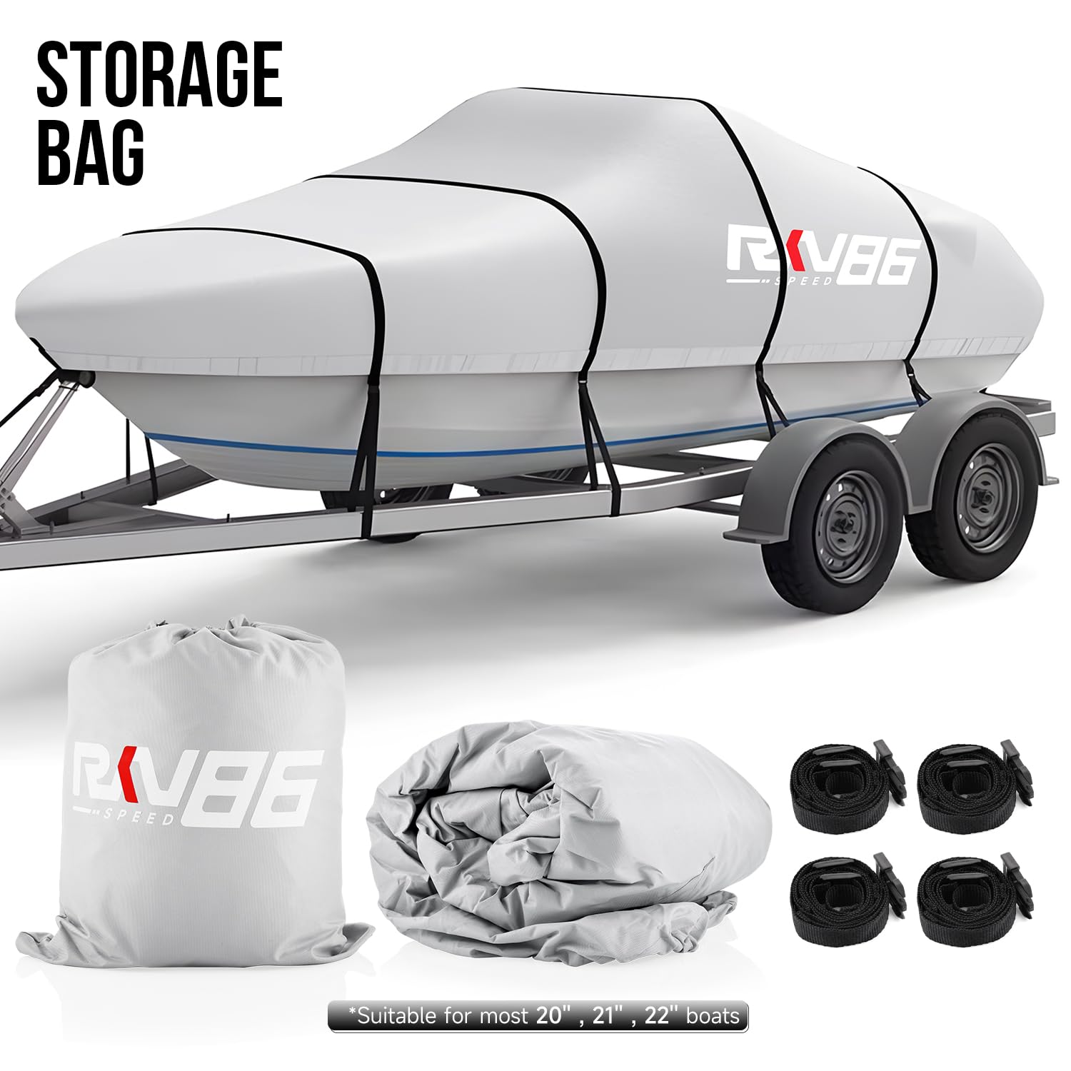 Funda para Barco con Remolque de 6,1 a 6,7 m, Lona Impermeable de poliéster 600D Resistente, de Grado Marino, con Bolsa, Apta para Casco en V, trimarán, lancha de Pesca y Proa Abierta, Plateado