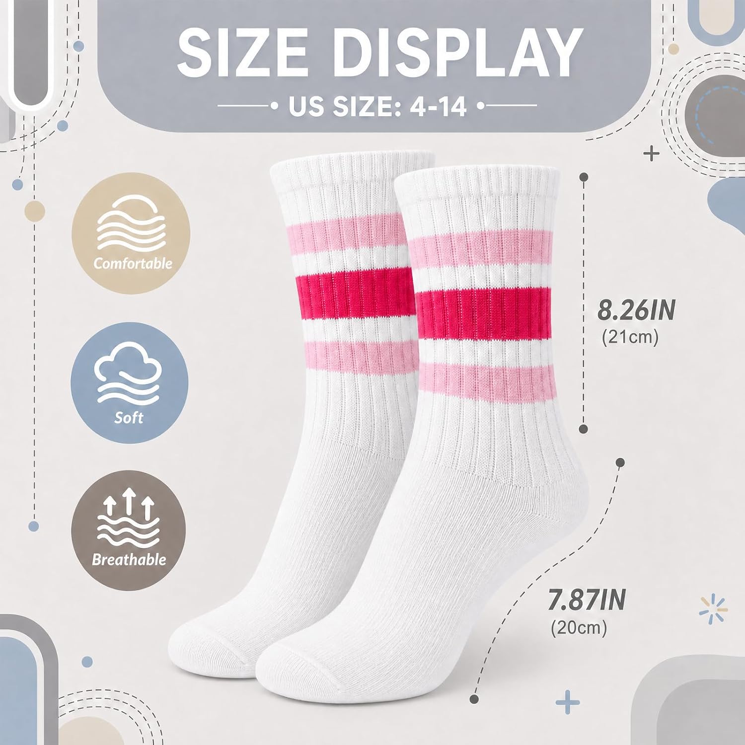 Striped Crew Socks for Women Retro Cotton Athletic Sock Size 6-12