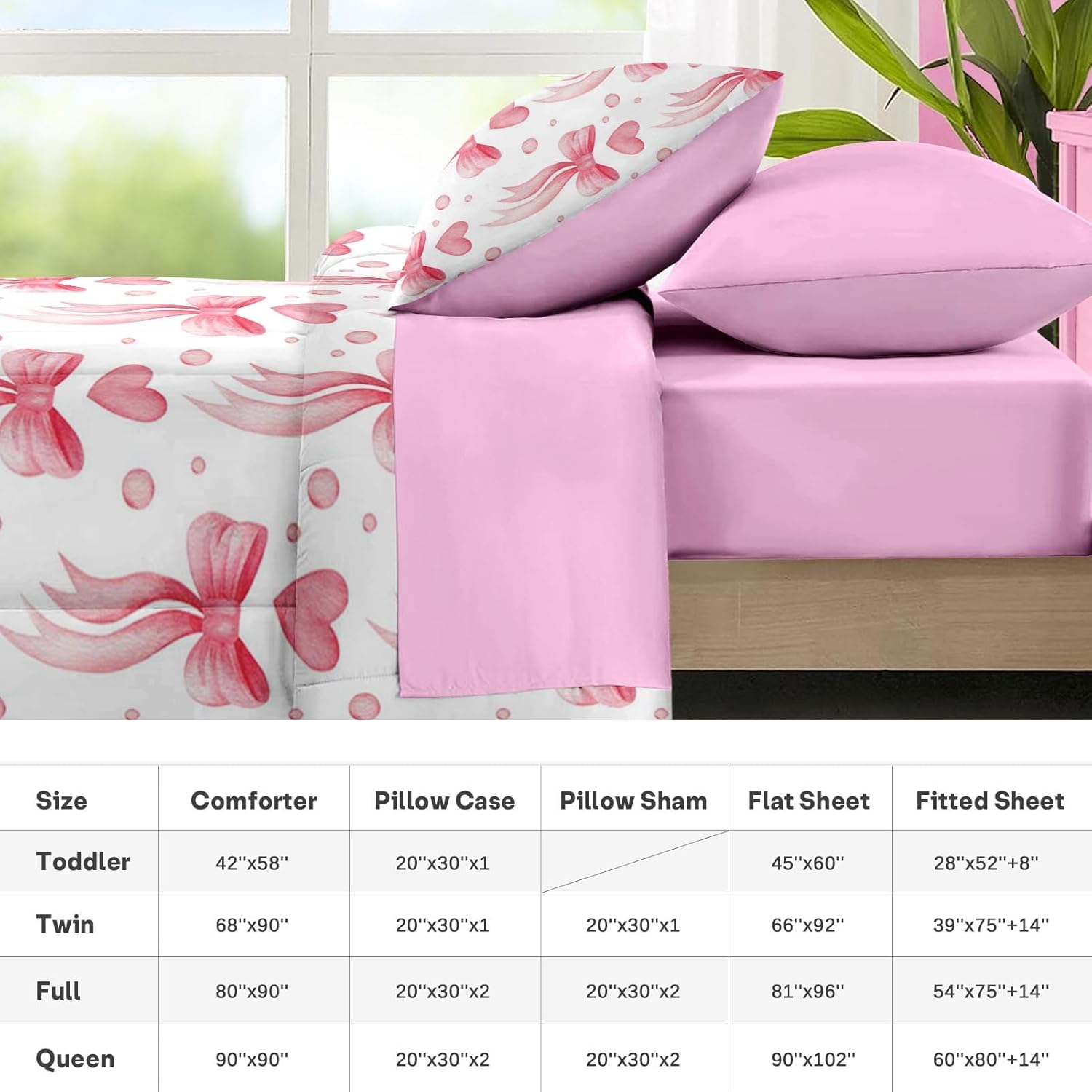 Nesker Bow Comforter Set Twin Size, 5 Pieces Bed in a Bag, Pink Bow Bedding Set for Girls, Romantic Heart Comforter Set with 1 Pillowcase & 1 Sham - Image 7