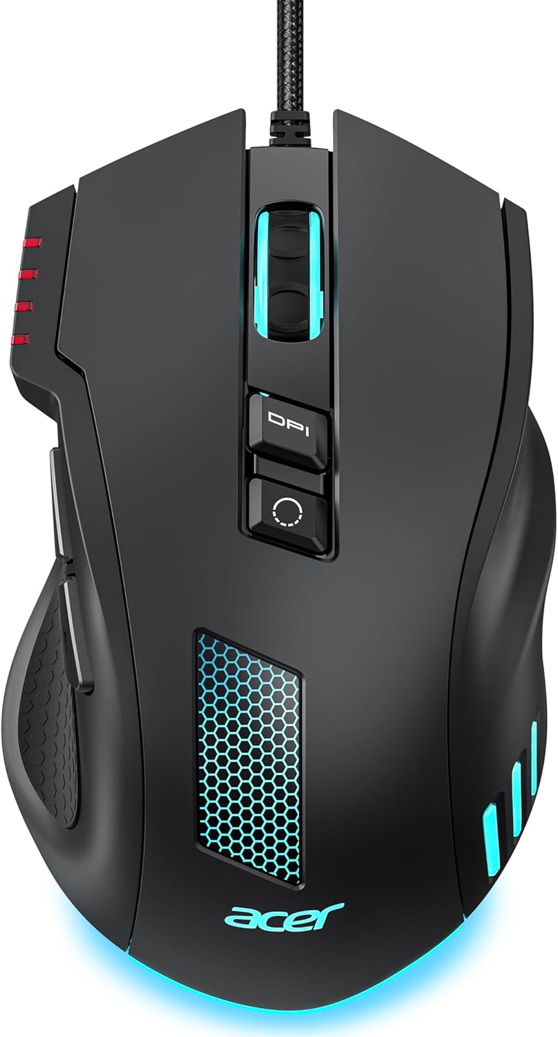 acer Wired Gaming Mouse, 12,800 DPI Optical Sensor RGB Ergonomic Mouse with 8 Programmable Buttons, 12 Backlit Modes, Software for DIY Keybinds, Rapid Fire, Computer Gamer Mice for PC & Laptop
