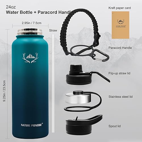 Miniatura 6 de NATURE PIONEOR Botellas de agua aisladas con mango de paracaídas, 24324064 onzas, botella de agua deportiva de boca ancha con 3 tapas, de acero