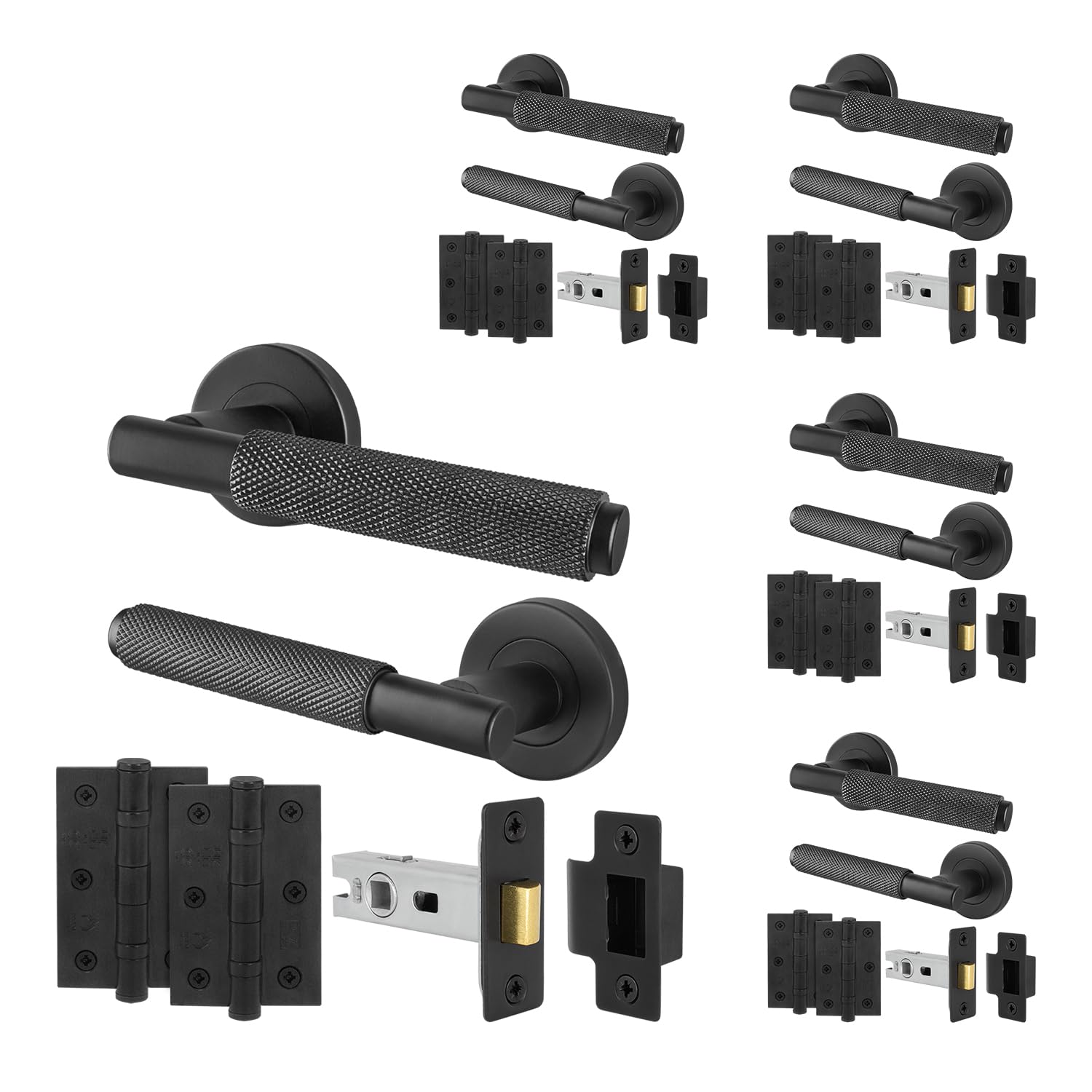 EAI Black Knurled Door Handle Latch Set, 5 Pairs Internal Matt Black Round Rose Door Handles, Latches 64mm Hinges 76mm - Dolton — image 1