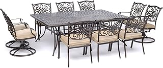 Hanover Traditions 11-Piece Outdoor Dining Set with 60" x 84" Cast-Top Aluminum Table, 6 Dining Chairs, and 4 Swivel Rockers with Thick Foam Cushions