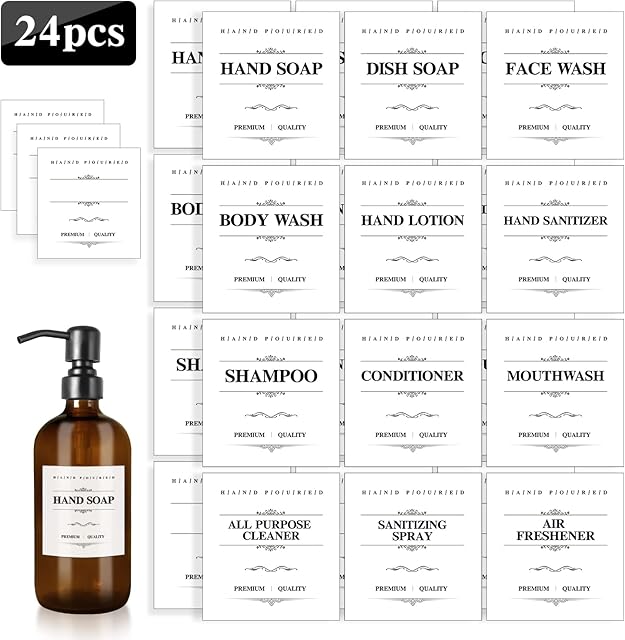 24 Pieces Waterproof Bottle Label Sticker Farmhouse Label Soap Dispenser Stickers for Kitchen Bathroom (White, 2.76 x 2.56 inches)