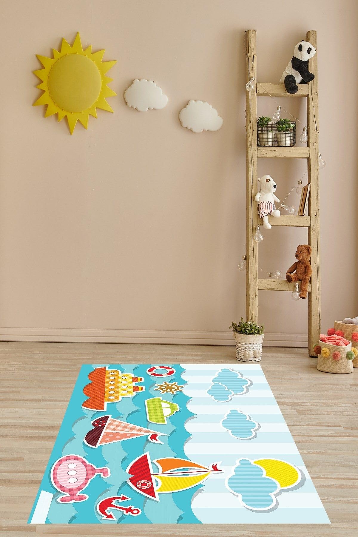 Pelangi Denizci Desenli Denizaltı Dümen Yelkenli Yıkanabilir Kaymaz Taban Leke Tutmaz Çocuk Odası Halısı, Pembe-Mavi-Yeşil 80 x 350, 903868008880350