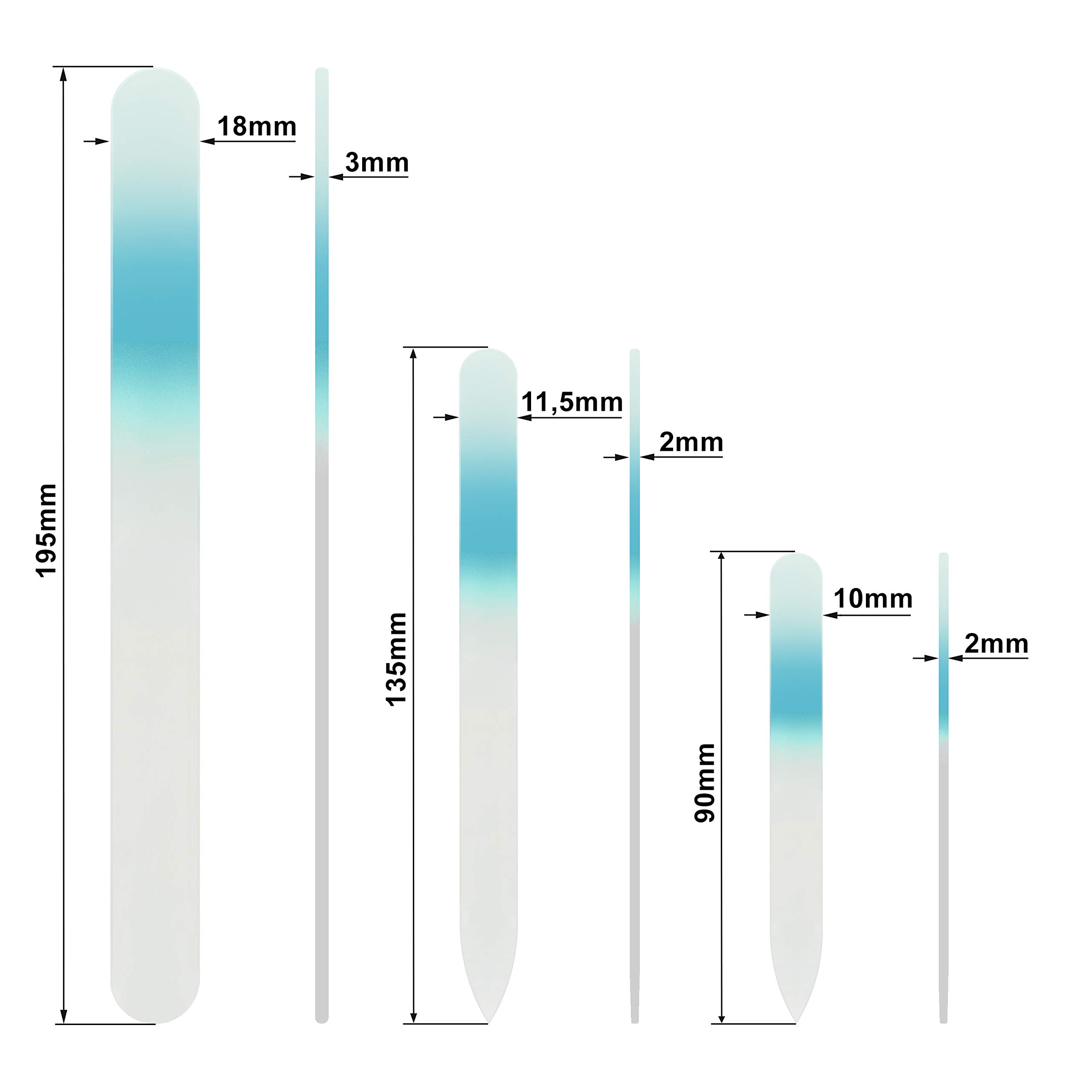 Mont Bleu Set di 3 lima per unghie in vetro colorato in sacchetto di nero - grande dimensioni - vero cristallo di Boemia temperato - Fatto a mano in Repubblica Ceca