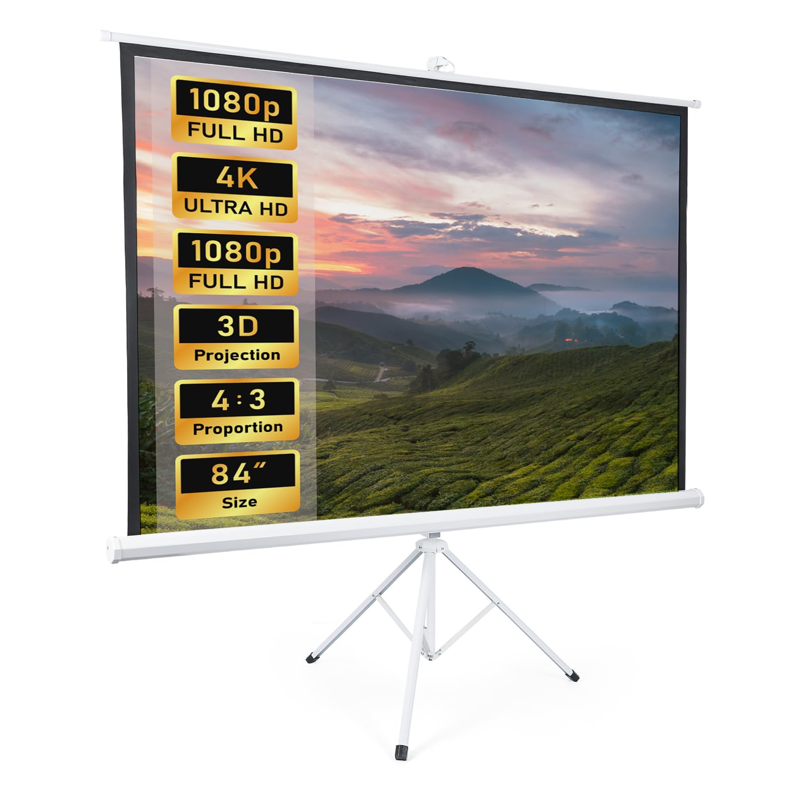 Fabulcozy Écran de Projection avec Support trépied réglable en Hauteur écran vidéo projecteur 84 Pouces Format 4:3 171L x 131H cm pour Home Cinéma et Entreprise,Blanc