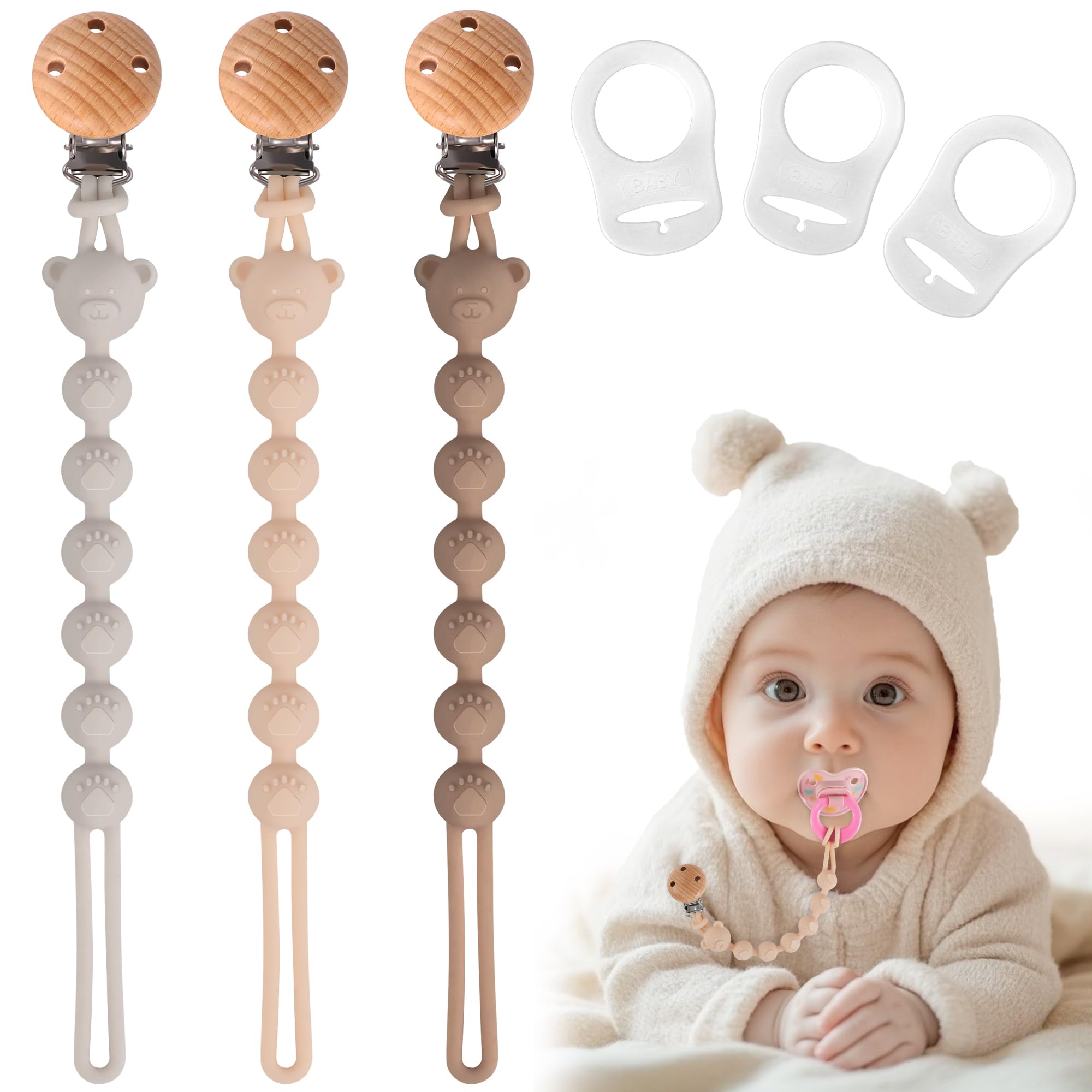 Set da 3 Catenella Portaciuccio in Silicone, Design Monoblocco Catenella Ciuccio per Bambine e Bambini, Portaciuccio Senza BPA, Elastiche e Robustezza (Crema Marrone Grigio)