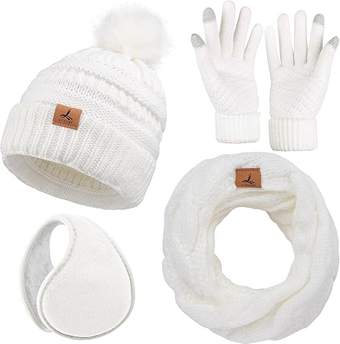 Winter Hat Scarf Gloves and Ear Warmer, Warm Knit Beanie Hat Touch Screen Gloves Set Winter Gifts Neck Scarves for Women
