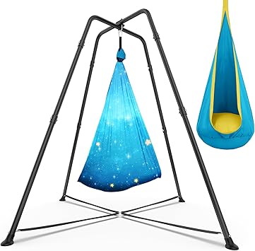 Swing Stand Frame with Sensory Swing Pod Chair, X-Shaped Swing Set, Metal Hammock Chair Stand for Adults Indoor and Outdoor 330LBS Patterned-Star Blue