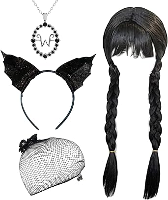 4PCS Wednesday Costume Fancy Dress Accessories Black Plaited Wig Necklace Hairnet Cat Ear Headband Halloween Costume Hairpiece for Halloween Party Cosplay