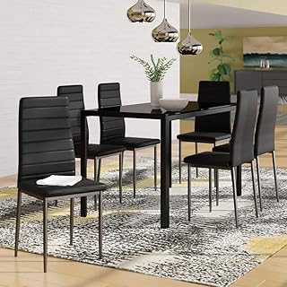 IDS Online MLM-17429-6-BK Modern Glass Dining Table Set, 7 Piece, Black